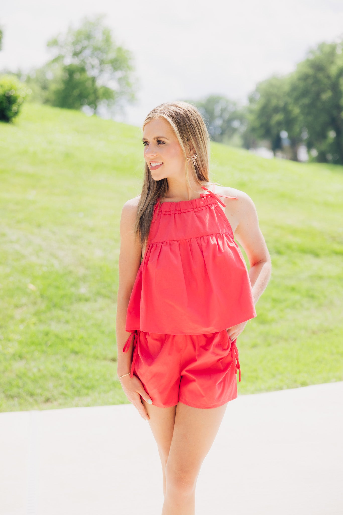 Red Poplin Ribbon Short Set